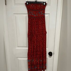 ZESICA RED Summer Bohemian Floral Printed Strapless Beach Party Long Maxi Dress